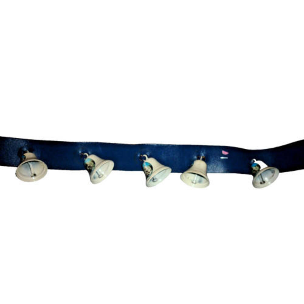 Vintage Sleigh Bells (5) leather harness White Blue Metal Christmas Tree Design